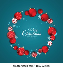 Christmas vector background. Creative design greeting card, banner, poster. Top view xmas decoration balls and snowflakes.