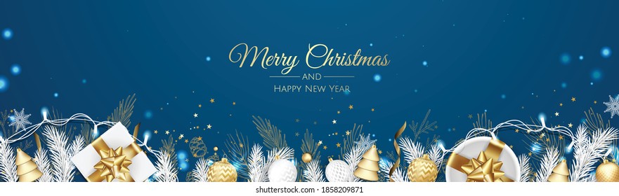 Christmas vector background. Creative design greeting card, banner, poster. Top view gift box, xmas decoration balls and snowflakes.