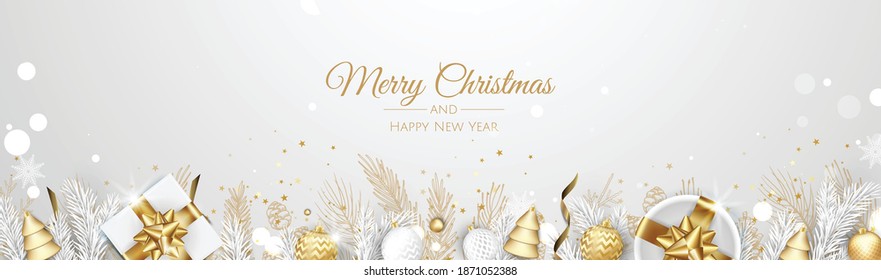 Christmas vector background. Creative design greeting card, banner, poster. Top view gift box, xmas decoration balls and snowflakes.