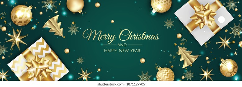 Christmas vector background. Creative design greeting card, banner, poster. Top view gift box, xmas decoration balls and snowflakes.