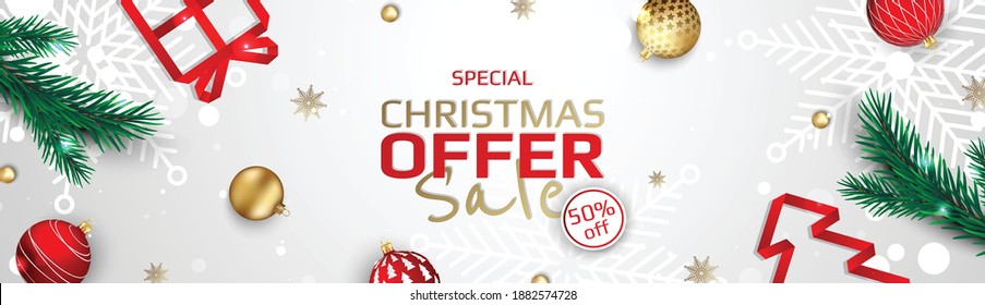 Christmas vector background. Creative design greeting card, banner, poster. Top view xmas decoration balls and snowflakes.