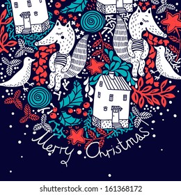 Christmas vector background with cute animals and abstract houses