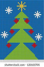 christmas vector background with cybernetic motive,decorated christmas tree and snow flakes on grid paper
