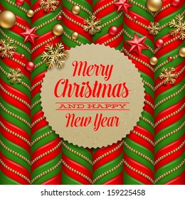 Christmas vector background, decor and  cardboard labels with holidays greetings