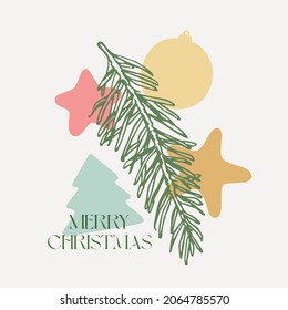 Christmas Vector Background Decorative Layout. Spruce Branch with Holiday Geometry Shapes Boho Label. Contemporary Art Season Greeting Design for Cover, Wall Decor, Apparel Print, Wallpaper Promo Ads.