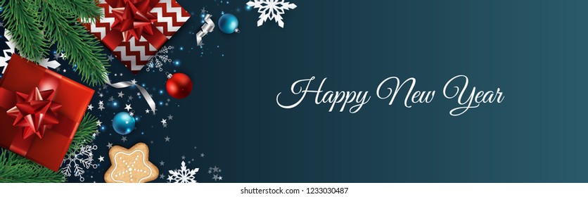 Christmas vector background. Design greeting card, banner, poster. Top view gift box, xmas decoration balls and snowflakes.