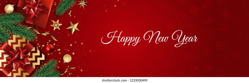 Christmas vector background. Design greeting card, banner, poster. Top view gift box, xmas decoration balls and snowflakes.
