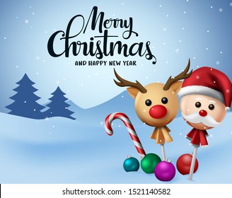 Christmas vector background design. Merry christmas and happy new year typography with xmas balls, candy cane and sweet lollipop in reindeer and santa claus cover in snow background.