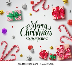 Christmas vector background design. Merry christmas everyone greeting text with colorful decoration elements of xmas gift, candy cane, balls and stars in white background. Vector illustration. 