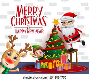 Christmas vector background design. Merry christmas and happy new year text with xmas characters of reindeer, elf and santa claus with happy face putting stars in colorful christmas tree and gifts.