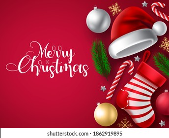 Christmas vector background design. Merry christmas typography text with xmas elements of santa sock, hat and candy cane for holiday season greeting card design. Vector illustration.