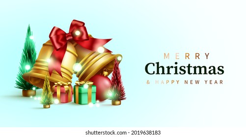 Diseño de fondo vectorial de Navidad. Feliz navidad texto de bienvenida en espacio vacío con campanas, regalos y elementos de decoración en miniatura de pino para tarjeta de Navidad. Ilustración del vector
