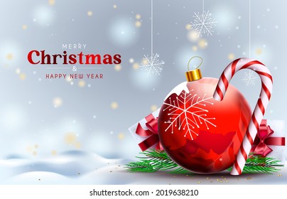 Weihnachts-Vektorhintergrund-Design. Fröhlicher Weihnachtstext mit rotem Ball, Süßigkeiten und Weihnachtsfeierlichkeiten für die Grußkartendekoration der Feiertage. Vektorgrafik