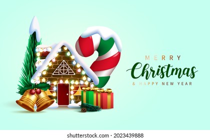 Diseño de fondo vectorial de Navidad. Feliz navidad con texto de bienvenida con casa en miniatura de Navidad, caña de caramelo y elementos de pino para la celebración de la temporada de fiestas. Ilustración del vector
