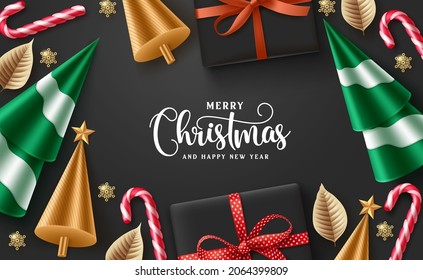 Christmas vector background design. Merry christmas greeting text with xmas ornaments and elements for holiday season card decoration in black elegant background. Vector illustration. 
