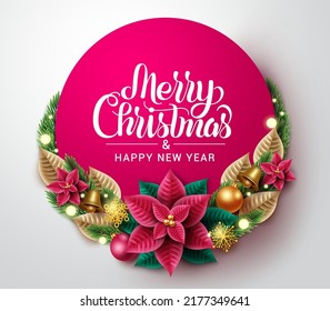 Création d'arrière-plan vectoriel de Noël. Texte de voeux Joyeux noël typographie avec des éléments xmas comme le poinsettia, la décoration de la balle et de la cloche pour la saison des fêtes. Illustration vectorielle.

