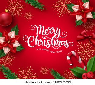 Christmas  vector background design. Merry christmas and happy new year greeting text with xmas elements like poinsettia, ball and ribbon for holiday season decoration. Vector illustration.
