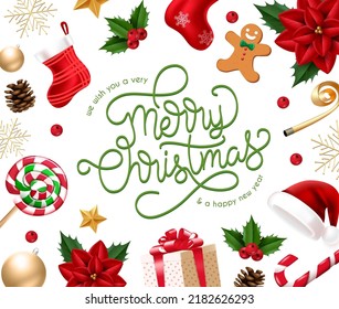 Weihnachts-Vektorhintergrund-Design. Frohe Weihnachtsgrüße mit Weihnachtselementen wie Poinsettia, Hut, Geschenk und Bälle für Weihnachtsgeschmack. Vektorgrafik.
