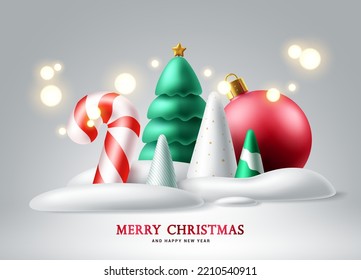 Diseño de fondo vectorial de Navidad. Feliz navidad texto de bienvenida con árbol de abeto de Navidad, bola y caña de caramelo de caramelo en miniatura en el fondo de heladas de nieve. Ilustración vectorial.