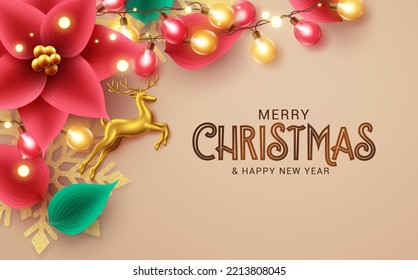 Diseño de fondo vectorial de Navidad. Feliz navidad texto de bienvenida con poinsettia de navidad, luces coloridas y elementos decorativos de copos de nieve dorados. Ilustración vectorial.