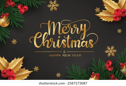 Christmas vector background design, Merry Christmas greeting text with xmas elements like ball and holy berry decoration for holiday season, Vector illustration,
