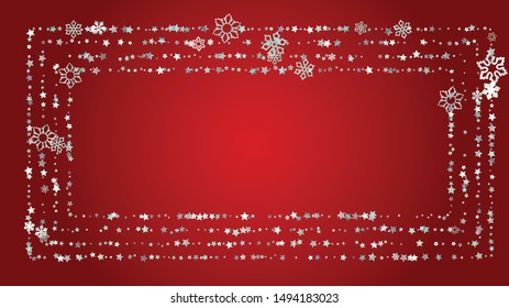 Christmas  Vector Background with Falling Glitter Snowflakes and Stars. Isolated on Transparent. Luxurious Snow Confetti Pattern. Glitter Overlay Print. Winter Sky. Design for Template.