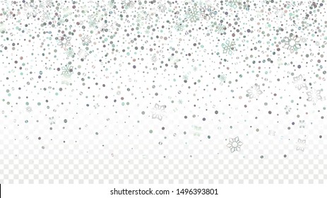 Christmas  Vector Background with Falling Glitter Snowflakes and Stars. Isolated on Transparent. Luxury Snow Twinkly Pattern. Glitter Overlay Print. Winter Party. Design for Advertisement.