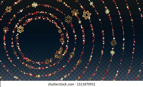 Christmas  Vector Background with Falling Glitter Snowflakes and Stars. Isolated on Transparent. Glowing Snow Confetti Pattern. Glitter Overlay Print. Winter Sky. Design for Banner.