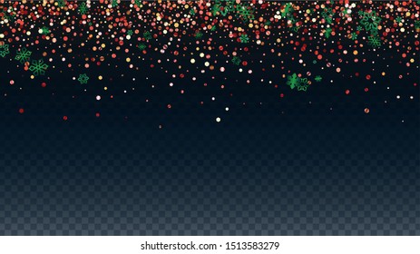 Christmas  Vector Background with Falling Glitter Snowflakes and Stars. Isolated on Transparent. Magic Snow Sparkle Pattern. Snowfall Overlay Print. Winter Sky. Design for Party Invitation.