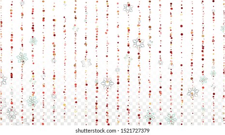 Christmas  Vector Background with Falling Glitter Snowflakes and Stars. Isolated on Transparent. Luxury Snow Confetti Pattern. Glitter Overlay Print. Winter Sky. Design for Card.