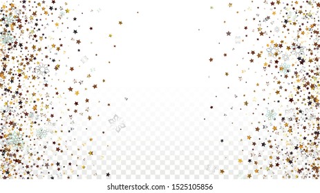 Christmas  Vector Background with Falling Glitter Snowflakes and Stars. Isolated on Transparent. Glowing Snow Twinkly Pattern. Glitter Overlay Print. Winter Party. Design for Web.