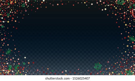 Christmas  Vector Background with Falling Glitter Snowflakes and Stars. Isolated on Transparent. Festival Snow Sparkle Pattern. Snowfall Overlay Print. Winter Sky. Design for Sale.
