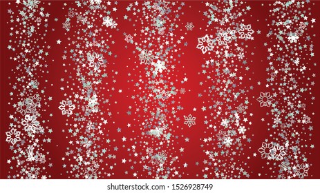 Christmas  Vector Background with Falling Glitter Snowflakes and Stars. Isolated on Transparent. Realistic Snow Sparkle Pattern. Snowfall Overlay Print. Winter Sky. Design for Web.