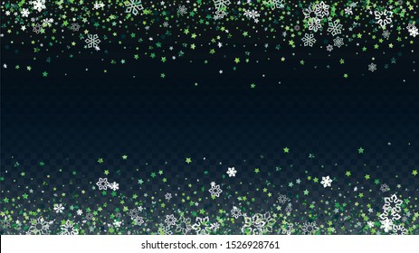 Christmas  Vector Background with Falling Glitter Snowflakes and Stars. Isolated on Transparent. Luxurious Snow Sparkle Pattern. Snowfall Overlay Print. Winter Sky. Design for Template.