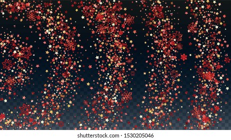 Christmas  Vector Background with Falling Glitter Snowflakes and Stars. Isolated on Transparent. Elegance Snow Confetti Pattern. Glitter Overlay Print. Winter Sky. Design for Web.