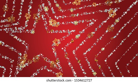Christmas  Vector Background with Falling Glitter Snowflakes and Stars. Isolated on Transparent. Luxury Snow Sparkle Pattern. Snowfall Overlay Print. Winter Sky. Design for Template.