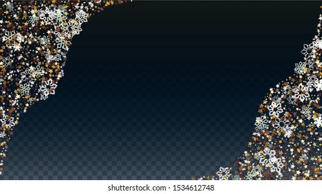 Christmas  Vector Background with Falling Glitter Snowflakes and Stars. Isolated on Transparent. Glowing Snow Confetti Pattern. Glitter Overlay Print. Winter Sky. Design for Cover.