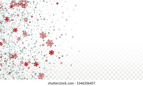 Christmas  Vector Background with Falling Glitter Snowflakes and Stars. Isolated on Transparent. Luxury Snow Confetti Pattern. Glitter Overlay Print. Winter Sky. Design for Party Invitation.