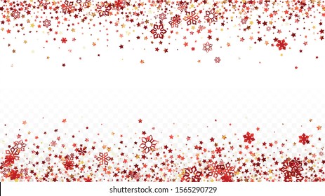 Christmas  Vector Background with Falling Glitter Snowflakes and Stars. Isolated on Transparent. Golden Snow Confetti Pattern. Glitter Overlay Print. Winter Sky. Design for Template.