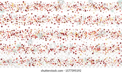 Christmas  Vector Background with Falling Glitter Snowflakes and Stars. Isolated on Transparent. Elegance Snow Sparkle Pattern. Snowfall Overlay Print. Winter Sky. Design for Web.