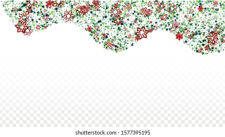 Christmas  Vector Background with Falling Glitter Snowflakes and Stars. Isolated on Transparent. Disco Snow Twinkly Pattern. Glitter Overlay Print. Winter Party. Design for Web.