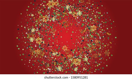 Christmas  Vector Background with Falling Glitter Snowflakes and Stars. Isolated on Transparent. Luxury Snow Twinkly Pattern. Glitter Overlay Print. Winter Party. Design for Party Invitation.