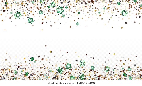 Christmas  Vector Background with Falling Glitter Snowflakes and Stars. Isolated on Transparent. Glamour Snow Confetti Pattern. Glitter Overlay Print. Winter Sky. Design for Web.