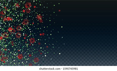 Christmas  Vector Background with Falling Glitter Snowflakes and Stars. Isolated on Transparent. Magic Snow Sparkle Pattern. Snowfall Overlay Print. Winter Sky. Design for Print.