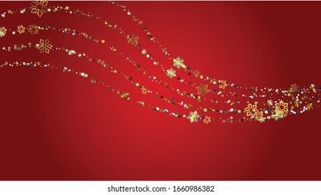 Christmas  Vector Background with Falling Glitter Snowflakes and Stars. Isolated on Transparent. Golden Snow Confetti Pattern. Glitter Overlay Print. Winter Sky. Design for Card.