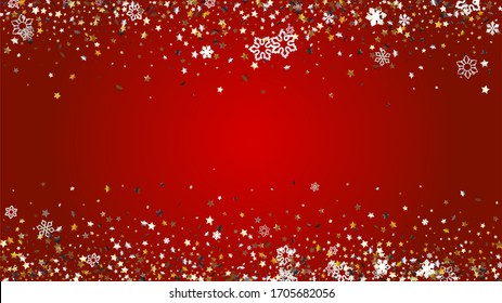 Christmas  Vector Background with Falling Glitter Snowflakes and Stars. Isolated on Transparent. Luxury Snow Confetti Pattern. Glitter Overlay Print. Winter Sky. Design for Sale.