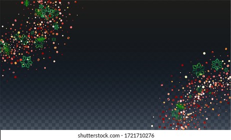 Christmas  Vector Background with Falling Glitter Snowflakes and Stars. Isolated on Transparent. Golden Snow Confetti Pattern. Glitter Overlay Print. Winter Sky. Design for Print.