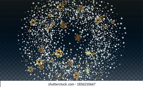 Christmas  Vector Background with Falling Glitter Snowflakes and Stars. Isolated on Transparent. Miracle Snow Confetti Pattern. Glitter Overlay Print. Winter Sky. Design for Flyer.