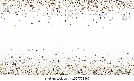 Christmas  Vector Background with Falling Glitter Snowflakes and Stars. Isolated on Transparent. Elegance Snow Sparkle Pattern. Snowfall Overlay Print. Winter Sky. Design for Flyer.