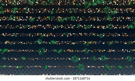 Christmas  Vector Background with Falling Glitter Snowflakes and Stars. Isolated on Transparent. Golden Snow Confetti Pattern. Glitter Overlay Print. Winter Sky. Design for Template.
